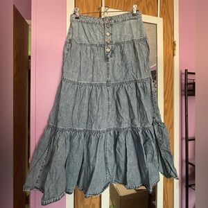 Button up Ruffle tier long denim maxi skirt